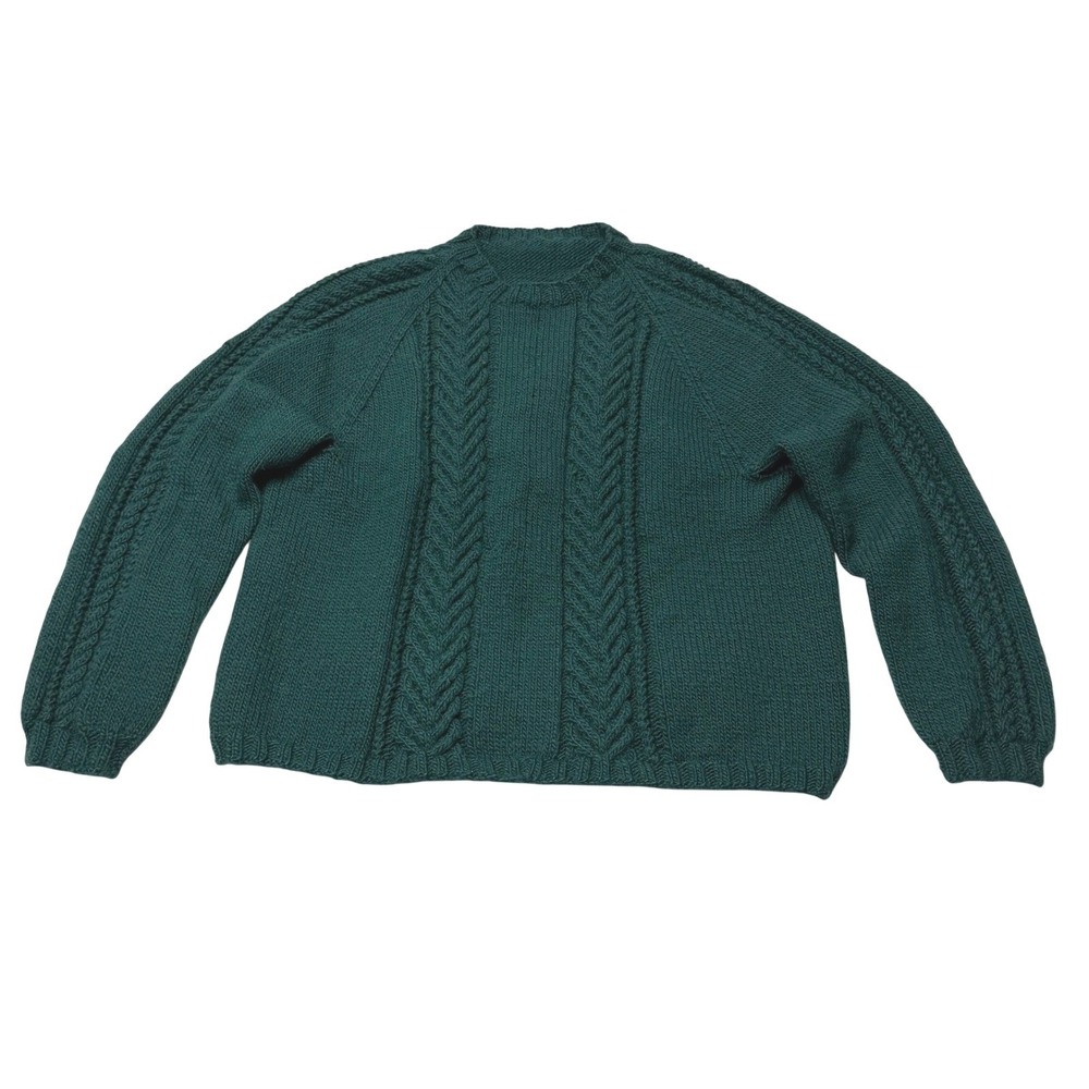 Handmade Cable Sweater Aran Fisherman Womens M Dark Green Hand knit Raglan